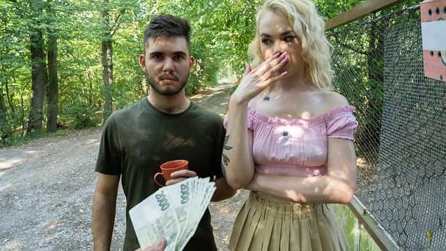 A cute blonde spread her legs in front of a pickup artist for money